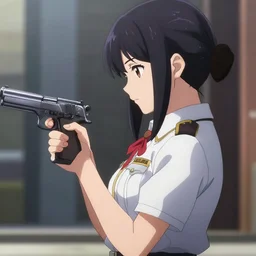 girl _ wearing _ uniform _ holding _ pistol _ at _ side _ side _ view _ looking _ down _ _ _ audrey _ plaza _ fine _ detail _ anime _ realistic _ shaded _ light