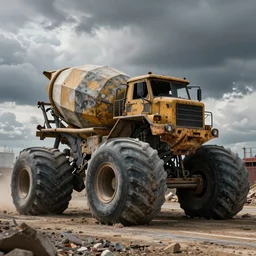 an immense derelict monster truck cement mixer construction vehicle with tank turret and demolition ball in front of a road construction site, dystopian, imax, dramatic clouds, muted colors