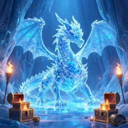 film still of a fire ice crystal dragon in a blue glowing ice cave, torches,, treasure chests, disney, pixar, digital art, intricate, trending on artstation, deviantart, 8k, vibrant, high res