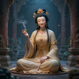vietnamese smiling sitting goddess, pro photo mystical temple night, tea vapors, detailed soft digital fantasy art