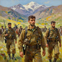 Intense vibrant film still of Kurdish Peshmerga in the Kurdish mountains, oil painting by John Singer Sargent, Adrian Smith, Greg Rutkowski, Trending on Artstation, incredible detail
