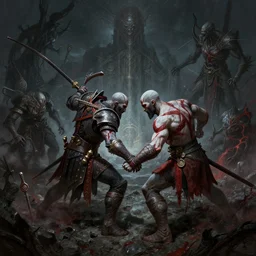 a ultra detailed matte paining of kratos fighting the hunger from bloodborne, elden ring art, cosmic horror, liminal space, ultrawide lens, aerial photography, d & d, fantasy, intricate, highly detailed, digital painting, artstation, concept art, sharp focus, illustration, art by greg rutkowski and rembrandt