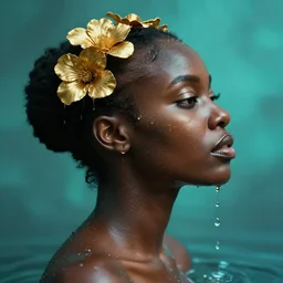 hyperrealistic precisionist cinematic profile very expressive! black oshun goddess, in water! up to shoulders, mirror dripping droplet!, gold flowers, highly detailed face, digital art masterpiece, smooth eric zener cam de leon, dramatic pearlescent turquoise light on one side, over the shoulder uhd 8 k, tilt shift