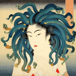 a beautiful painting lovely toy medusa, by ukiyo - e award - winning art color screen printing