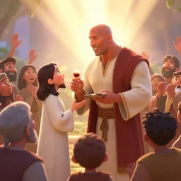 dwayne johnson as jesus sharing bread and wine with the local community, joyful, holy rays of spiritual light, pixar style, shaded lighting poster by magali villeneuve, artgerm, jeremy lipkin and michael garmash, rob rey and kentaro miura style, trending on art station