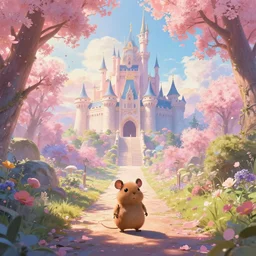 a dreamy otherworldly 3 d render of anthropomorphic cyborg rodent on pathway to castle, studio ghibli, pixar and disney exploded - view drawing, sharp, disney octane render splatter paint vray by shinji kimura and alphonse mucha and alena aenami, maximalist pastel color palette, ( ( bloom ) ), dramatic lighting