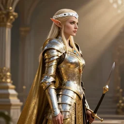 standing queen elf profile view with white diamond headband and armor in golden and silver colors and a curve long sword, full body, detailed face, epic masterpiece of cinematographic hyperrealism, realistic shaded lighting poster by craig mallismo, artgerm, jeremy lipkin and michael garmash, unreal engine, radiant light, detailed and intricate environment, digital art, art station trends