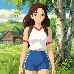 portrait art of beautiful anime girl emma stone in summer adidas outfit, russian village and birch tree on background, art by studio ghibli, makoto shinkai, intricate details, 4 k
