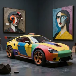 a matte painting of a colorful car scene from the future, cyber - steampunk, highly detailed, in the style of greg rutkowski and remedios varo and john chamberlain, dark moody lighting, hyper photorealism, trending on artstation, 8 k