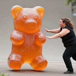 a photograph by a canon 5 d, 5 0 mm lens, of a life size gummy bear, orange, running. the gummy bear is being chased by a woman, overweight, she is reaching towards the bear. canon 5 d 5 0 mm lens, action photography, realistic, award winning,