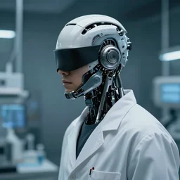 a masked laboratory engineer man with cybernetic enhancements seen from a distance, scifi character portrait by greg rutkowski, craig mullins, 1 / 4 headshot, cinematic lighting, dystopian scifi gear, profile picture, mechanical, cyborg, half robot