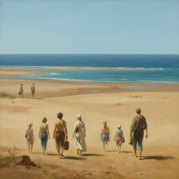 illustration of people walking on dry land through the middle of the ocean, realistic painting, classical painting, high definition, digital art, matte painting, very detailed, realistic