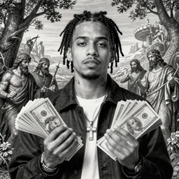 fredo santana rapper holding stacks of cash, biblical image, style of gustave dore, highly detailed, beautiful, high contrast, black and white