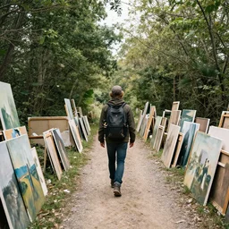 A wanderer on a trail of discarded paintings and trashed canvases
