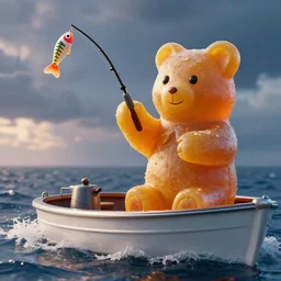 life - sized gummi bear going deep sea fishing in a convertible sportfisherman boat. he is fishing for swedish fish candy and using gummi worm candy as bait. photorealistic digital art, epic fantasy, dramatic lighting, cinematic, extremely high detail, cinematic lighting, trending, artstation, cgsociety, 3 d, ue 5, 4 k, hq