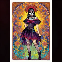 psychedelic poster art of a cute punk goth cyberpunk fractal Día de los Muertos girl posing by Victor Moscoso Rick Griffin Alphonse Mucha Gustav Klimt Ayami Kojima Amano Charlie Bowater, masterpiece