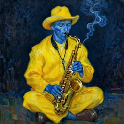 man sitting in a yellow costume with a yellow hat holding a saxophone, smoking a cigarette, blue skin, blue smoke, dark background, realistic painting, artwork, meditative, impressionistic, van gogh, monet