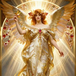a beautiful orchid phoenix angel woman, in an ornamented dress with large, volumetric light, god rays, 8 k high resolution, rubies, by alphonse mucha, artgerm