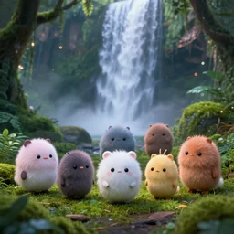 photorealistic wide shot focus portrait of several cute fluffy creatures posing, under waterfall, jungle, green moss, bokeh, inspired by Tim Burton, octane render, unreal engine 4k, volumetric lighting, mist, twilight, detailed