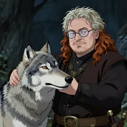 George R.R. Martin as Jon Snow wearing glasses and a George R.R. Martin petting a Dire Wolf by his side, ambient lighting, 4k, anime key visual, lois van baarle, ilya kuvshinov, rossdraws, craig mullins, artstation