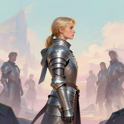 side profile portrait, medium shot, imogen poots paladin, armour, gloomhaven, pastelwave style fantasy poster, by greg manchess, huang guangjian, lois van baarle, sachin teng, greg rutkowski, jesper ejsing, ilya kuvshinov