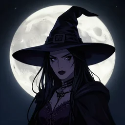 close up portrait of a dark witch in front of the full big moon, vector graphic, clear lines, intricate, portrait, 8k highly professionally detailed, HDR, CGsociety