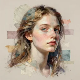 very elaborated hyperdatailed half-lenght portrait. maximalist mixed media collage in soft pastel tones. textures. matte background HD