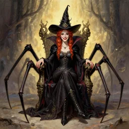 the smiling beautiful female queen witch occult with giant spiderlegs surrounding her throne by gerald brom by anna steinbauer by kelly mckernan by edward gorey, trending on artstation