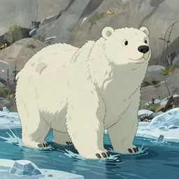 cell shaded cartoon of a giant lovecraftian mechanized polar bear from howl's moving castle ( 2 0 0 4 ), wading through an icy river, full body, wide shot, very muted colors, post grunge, studio ghibli, highly detailed, deviantart, art by artgem