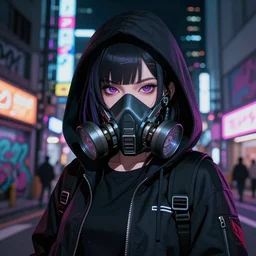 cyberpunk anime girl in hoodie, cyberpunk gas mask, potrait, street night, grafity, beautiful face, grafity, arcane, action, tokyo street, detail, good face, pose model, concept art, in style of yoji shinkawa, pan ren wei, col price, atey ghailan, by greg rutkowski, aesthetic