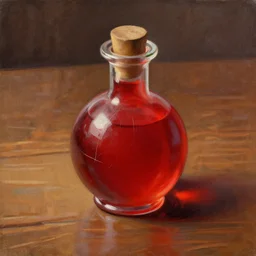 a beautiful painting illustration of a stylized health potion on a wooden table, scratched vial, high contrast, crimson, by greg rutkowski, featured on artstation, rpg item