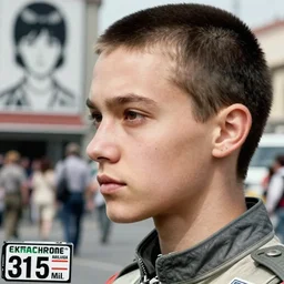 ektachrome, 3 5 mm, highly detailed : incredibly realistic, demure, perfect features, buzz cut, beautiful three point perspective extreme closeup 3 / 4 portrait photo in style of chiaroscuro style 1 9 7 0 s frontiers in flight suit cosplay rome seinen manga street photography vogue italia fashion edition
