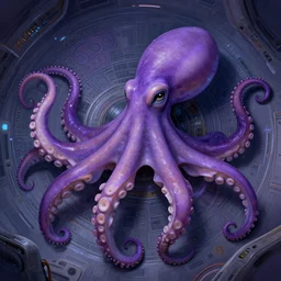 Giant purple octopus in a space station, elegant, intricate, retrofuturistic digital painting, artstation, concept art, smooth, sharp focus, illustration, art by artgerm and greg rutkowski and alphonse mucha