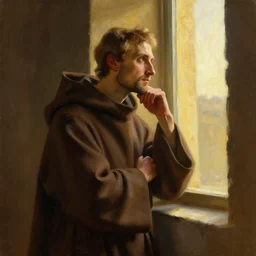 oil painting of a franciscan monk in robes, looking out a window contemplatively, digital art, artstation, cinematic, golden hour, digital art painting by greg rutkowski