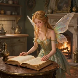 a mid - shot of a fairy in a vintage magical kitchen, with one vintage book on a table, with a fireplace in the background d & d, fantasy, intricate, elegant, highly detailed, digital painting, artstation, concept art, smooth, sharp focus, illustration