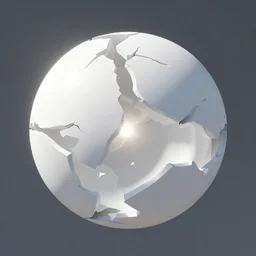 3 d render of one big white sphere broken to pieces in space, light is coming out from inside the sphere