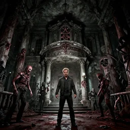 movie frame still from live action adaptation of resident evil mansion, directed by steven spielberg, 8 k, vhs glitch, ultra wide angle, high contrast, zenith view, greg rutkowski, intrincate, highly detailed, ilm, oscar winning photography, grain, dramatic lighting, greg nicotero, horrifying movie, nightmare fuel, horror movie