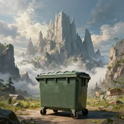 trash dumpster, matte, painting, trending on artstation, incredible post - processing lighting, extreme detail, wide angle shot, epic scenery, epic scale, centered composition, cinematic composition, use rule of thirds, high details, intricate details