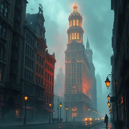 a retrowave digital art of victorian - era street with tall and intricate buildings, beautiful digital art, filthy, volumetric lighting, thunderstorm, thick smog, orange street lamps, highly detailed, professional