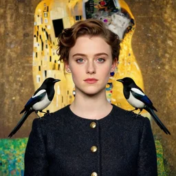 a portrait of female asa Butterfield mixed with pam beesly, a magpie is on her shoulder, by gustav klimt