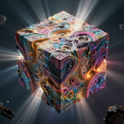 an impressive ominous cinematic shot photo of a great big hypercube volumetric dynamic fluid simulation lighting light god rays impressive masterpiece hyper detailed intricate sharp focus 8 k realistic illustration canon eos r 3 fujifilm x - t 3 0 sony alpha, by james gurney tooth wu artgerm colorful!!! graffiti!!!, trending on artstation behance cgsociety