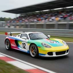 a fauvism color porsche 9 1 1 carrera gt le mans in shape of silvia rocket bunny edition, race track background, long shutter speed, retro style, modern car design, 8 k resolution, hasselblad photo