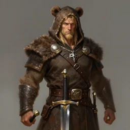 an adult male blonde barbarian with a bear hood and coat holding a longsword, digital art, character art portrait, matte fantasy painting, deviantart artstation, by jason felix by steve argyle by tyler jacobson by peter mohrbacher, cinematic lighting, smooth, sharp focus, hd wallpaper, cinematic