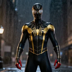 photorealistic, hyperdetailed, photograph, of a black and gold, spider - man suit, dslr, cinematic, rain, night, by greg rutowski, by stanley artgerm