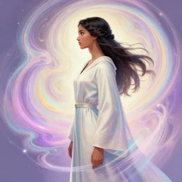 side profile, maya ali mage, gloomhaven, robes, elegant, highly detailed, concept art, smooth, colorful swirly magic ripples, pastel colors, by huang guangjian, sachin teng, greg rutkowski, jesper ejsing, ilya kuvshinov, artgerm, mucha