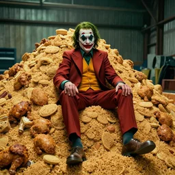 cinematic shot of the joker sitting on a gigantic pile of chicken and biscuits in a warehouse, 8 k, very intricate, very detailed,
