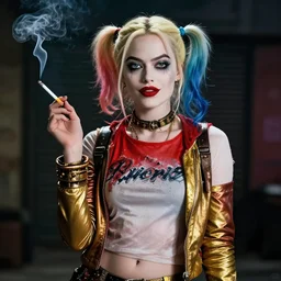 Margot Robbie as a harley quinn smoking a cigarette, smoke cloud, cinematic, 4k digital art, highly detailed
