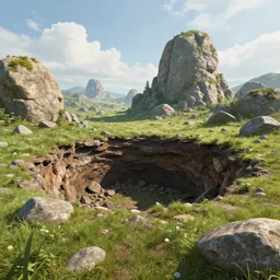 landscape, a giant hole in the ground, photorealistic cinematic concept art, overgrown stones and grass fields bright day, fantasy, giant rocks, rocky hills, clouds
