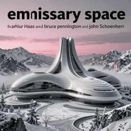 emissary space by arthur haas and bruce pennington and john schoenherr, photo realism, cinematic matte painting, zaha hadid building in the mountains with falling snow, monochrome color palate, pink sunset,