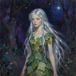 fey queen of the summer forest, dress of leaves, fine features, thin, young, silver shimmering hair, by brian froud, stars, night colors, night, purple blue black, oil on canvas, oil panting